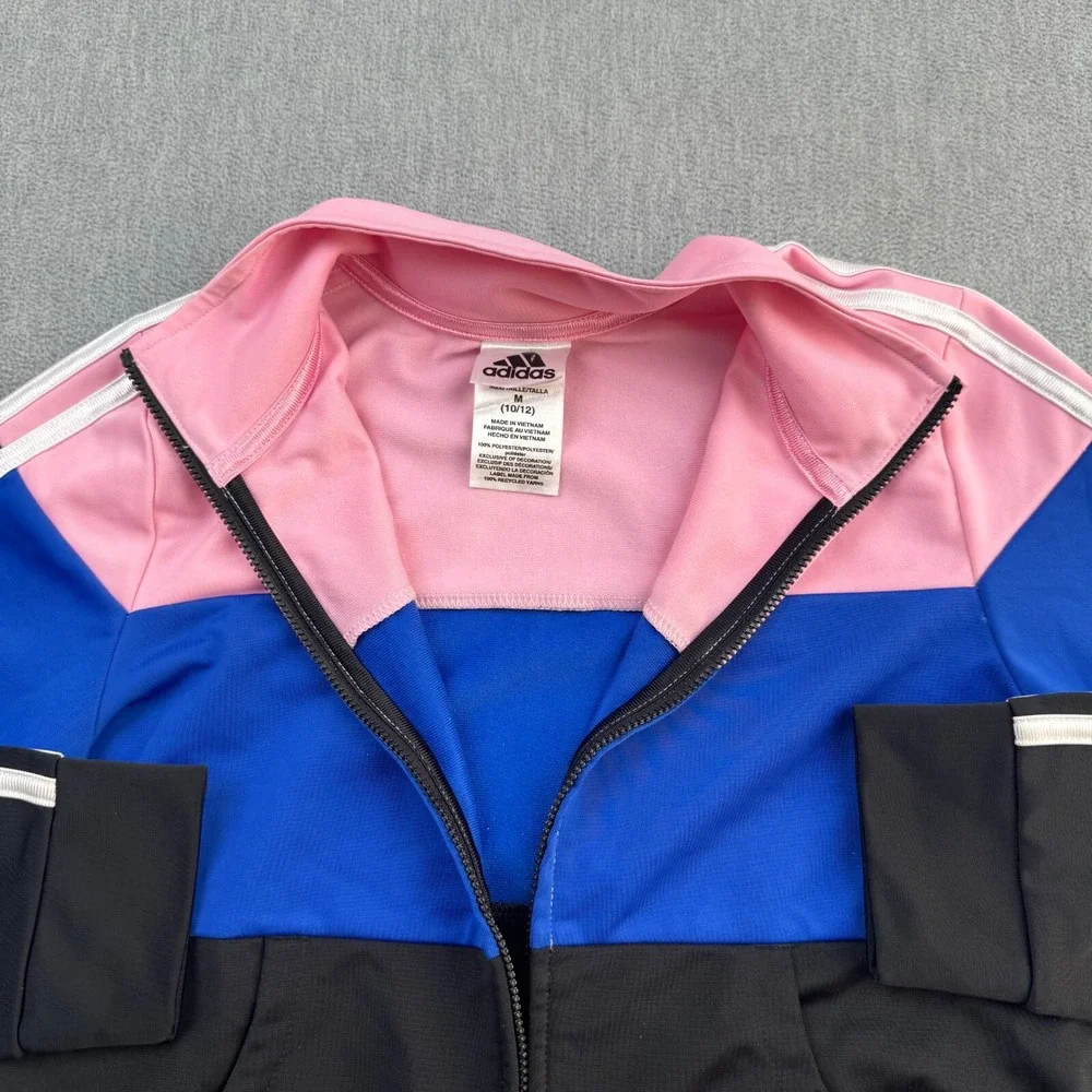 Adidas Track Jacket Girls Size Medium 10/12 Pink Striped Full Zip‎ Activewear